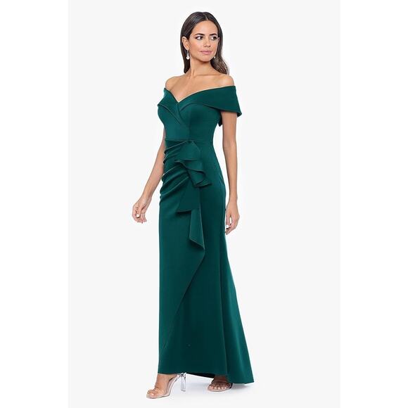 Xscape Women's Long Off Shoulder Sweetheart Neck Side Ruffle Gown, Sz 14P Hunter - Picture 14 of 14